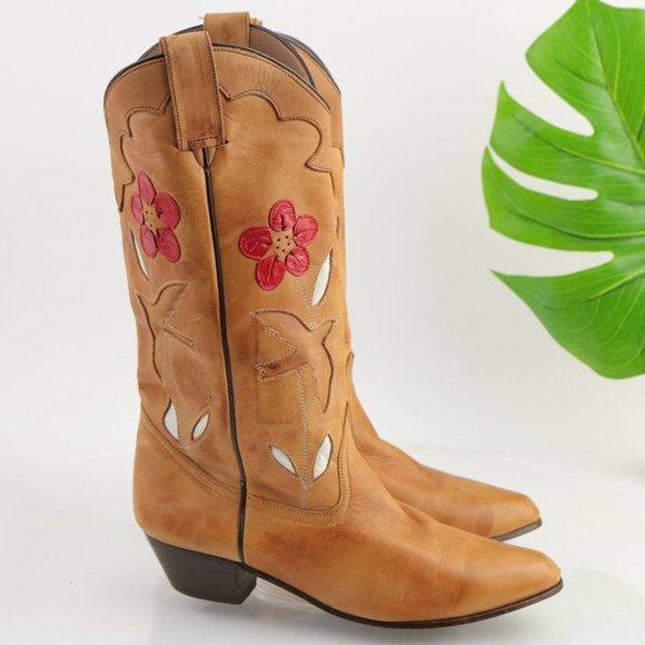 Tan Leather Heeled Boots with Red Floral Design - Picture 5 of 12